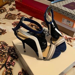 Worn once blue white and black heels